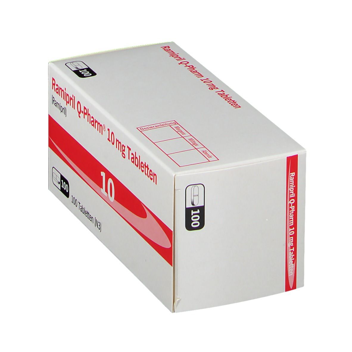 Schachtel "Ramipril Q-Pharm 10 mg Tabletten". Rote und weiße Gestaltung. "10" und "100 Tabletten" sichtbar.