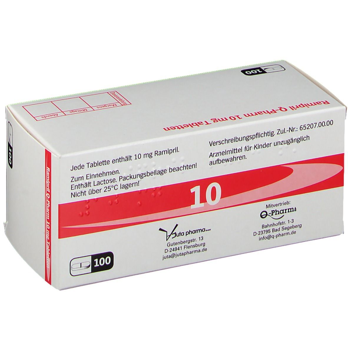 Schachtel "Ramipril Q-Pharm 10 mg Tabletten". Rote und weiße Gestaltung. "10" und "100 Tabletten" sichtbar. Text.
