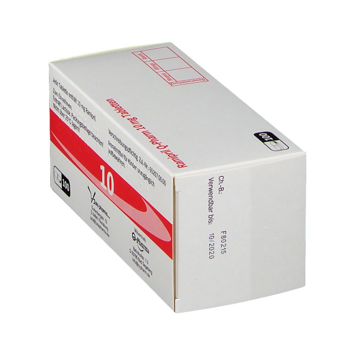 Schachtel "Ramipril Q-Pharm 10 mg Tabletten". Rote und weiße Gestaltung. "10" und "100 Tabletten" sichtbar. Text.