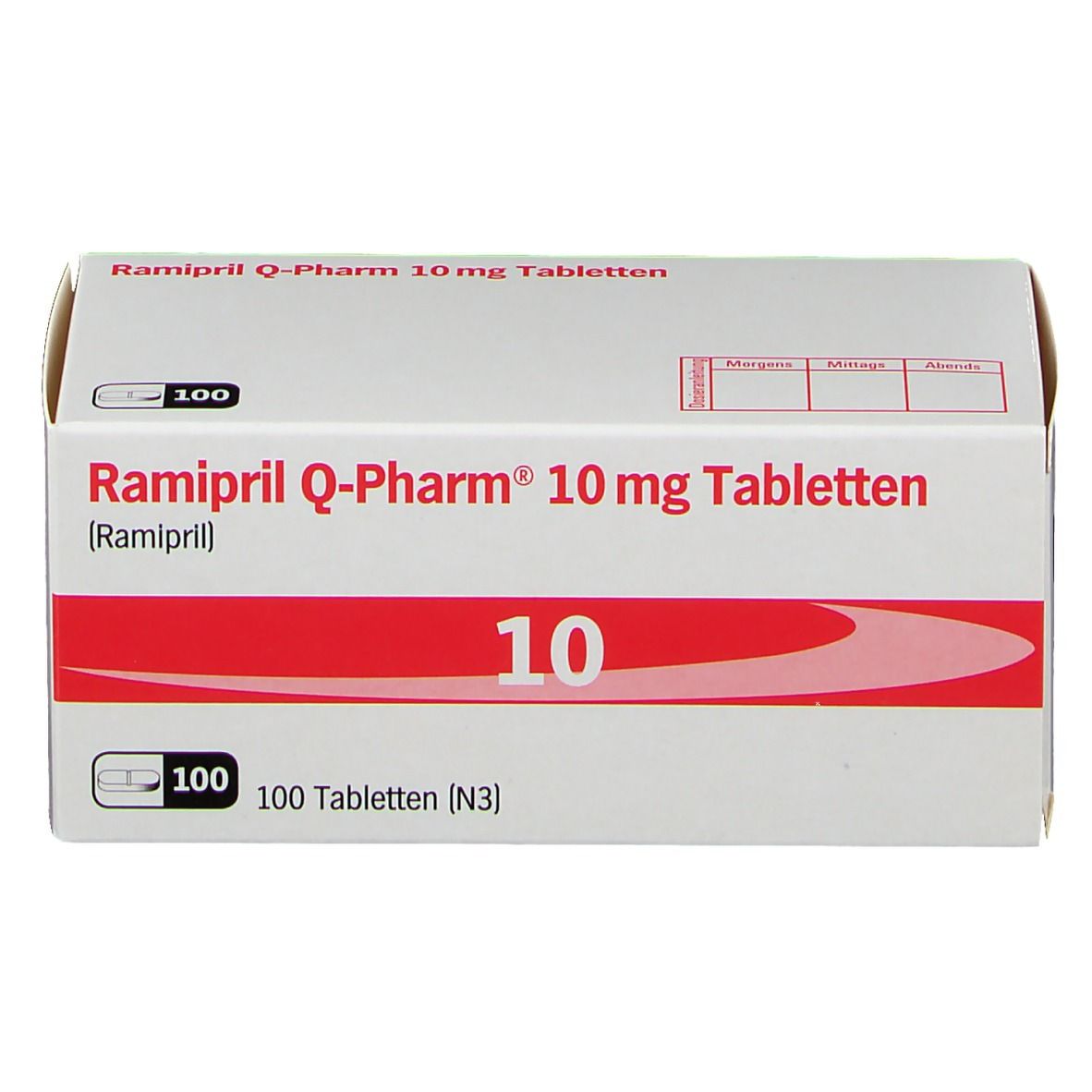 Schachtel "Ramipril Q-Pharm 10 mg Tabletten". Rote und weiße Gestaltung. "10" und "100 Tabletten" sichtbar.