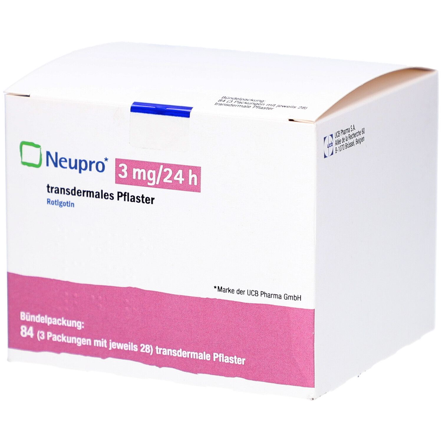 Weiße Kartonverpackung mit rosa und grünen Akzenten. Aufdruck: Neupro 3 mg/24 h transdermales Pflaster. Bündelpackung mit 84 Pflastern.