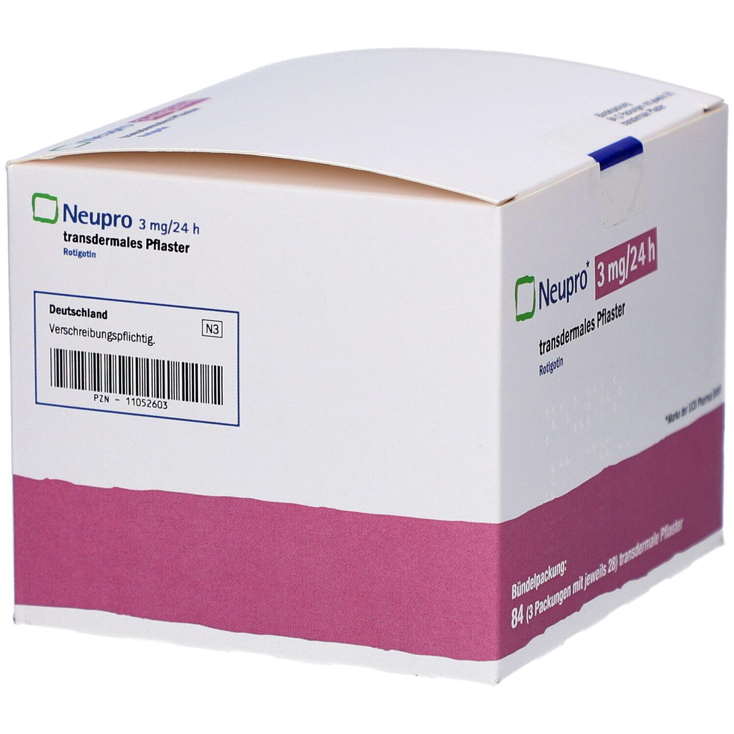 Weiße Kartonverpackung mit rosa und grünen Akzenten. Aufdruck: Neupro 3 mg/24 h transdermales Pflaster. Mit Etikett und Barcode.