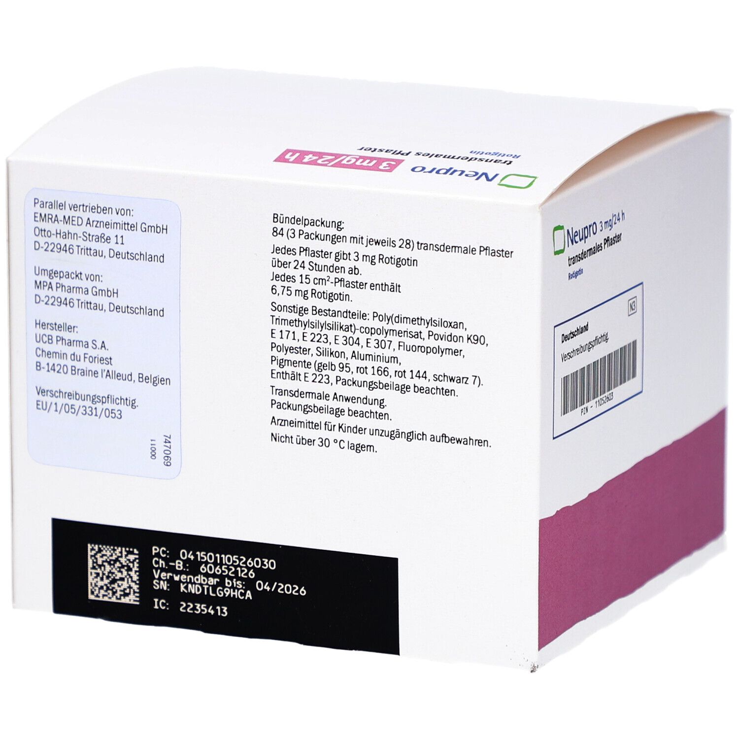Rückseite der weißen Kartonverpackung. Text mit Inhaltsstoffen, Herstellerinformationen und Chargennummer. Rosa und grüne Akzente.