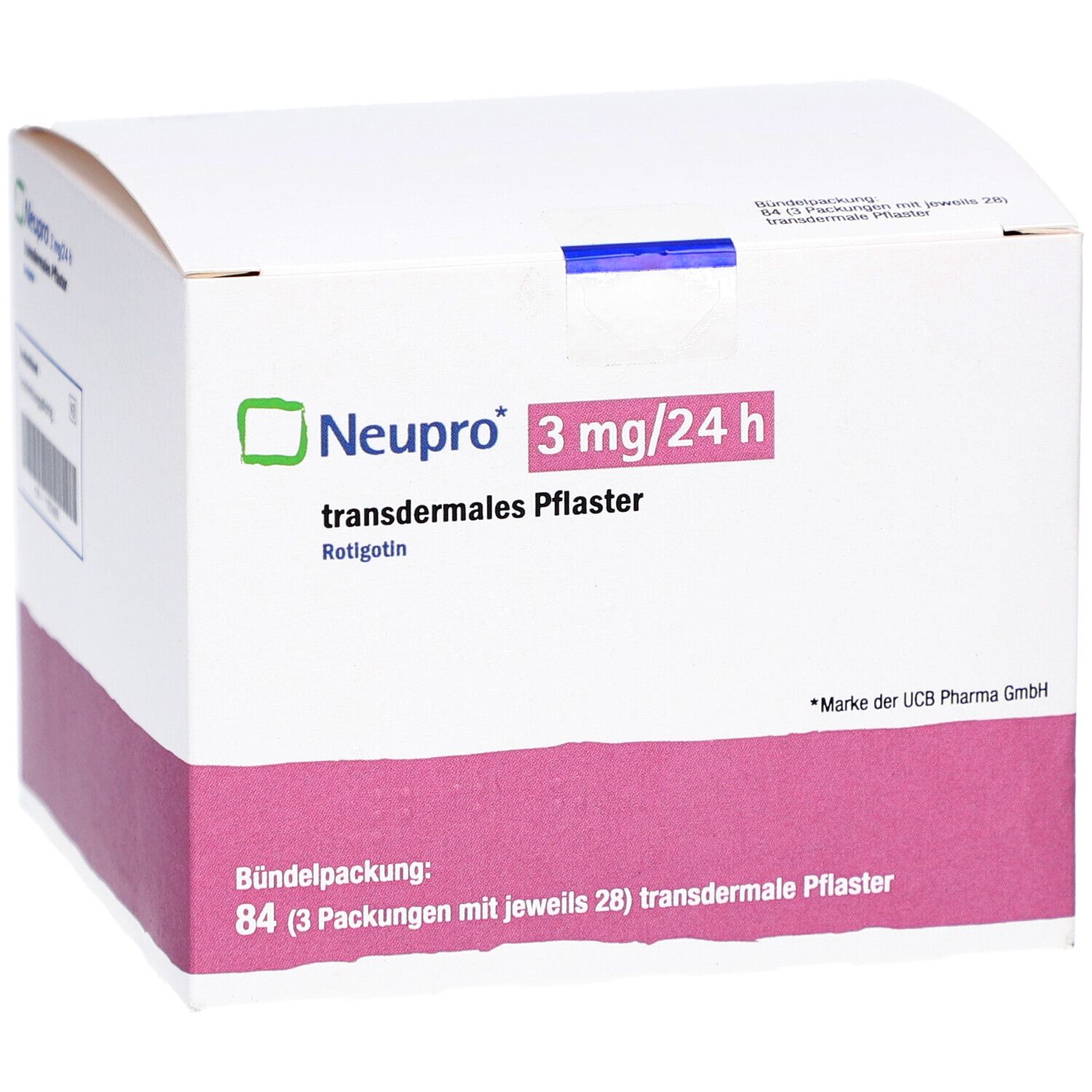 Weiße Kartonverpackung mit rosa und grünen Akzenten. Aufdruck: Neupro 3 mg/24 h transdermales Pflaster. Bündelpackung mit 84 Pflastern.