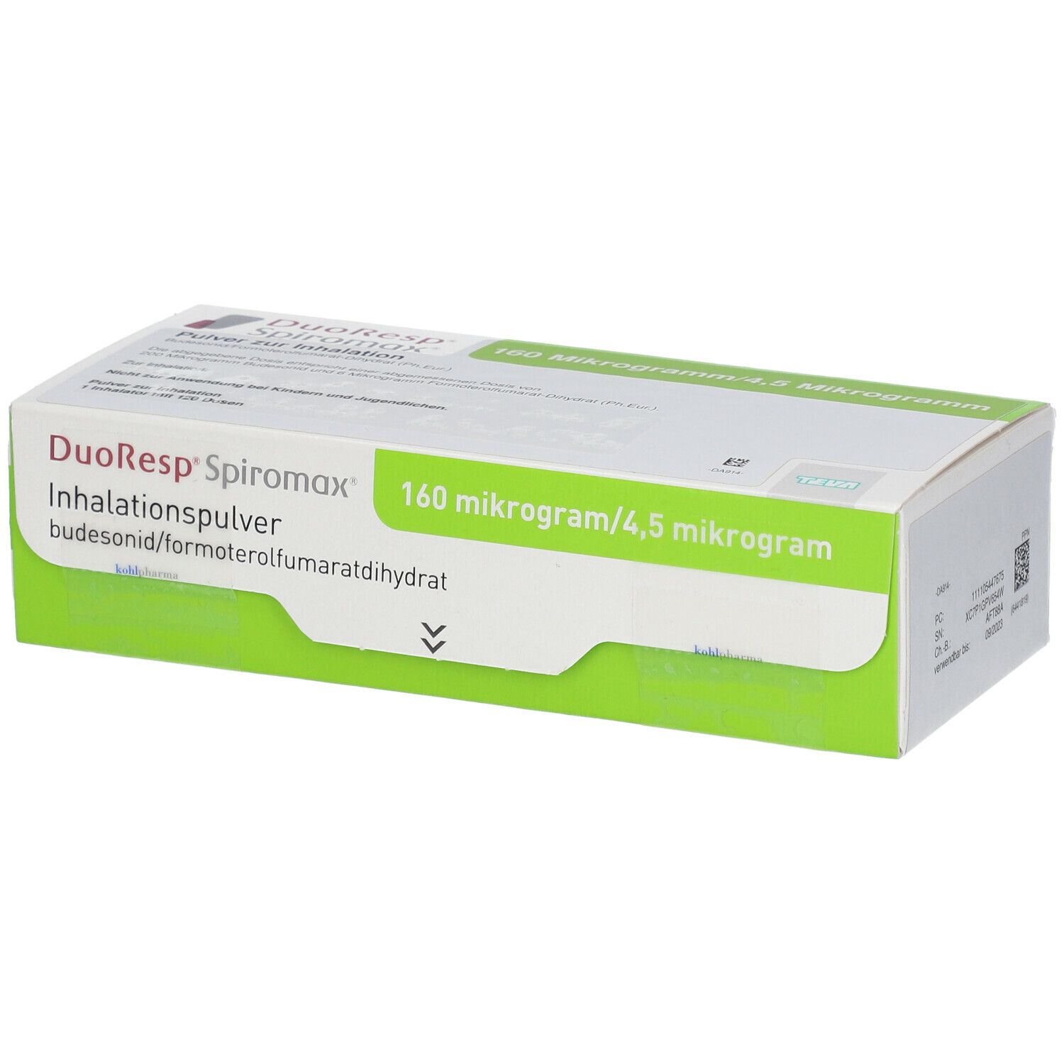Karton von DuoResp Spiromax, Inhalationspulver. Grün-weiße Verpackung mit Produktnamen und Dosierungsangaben.