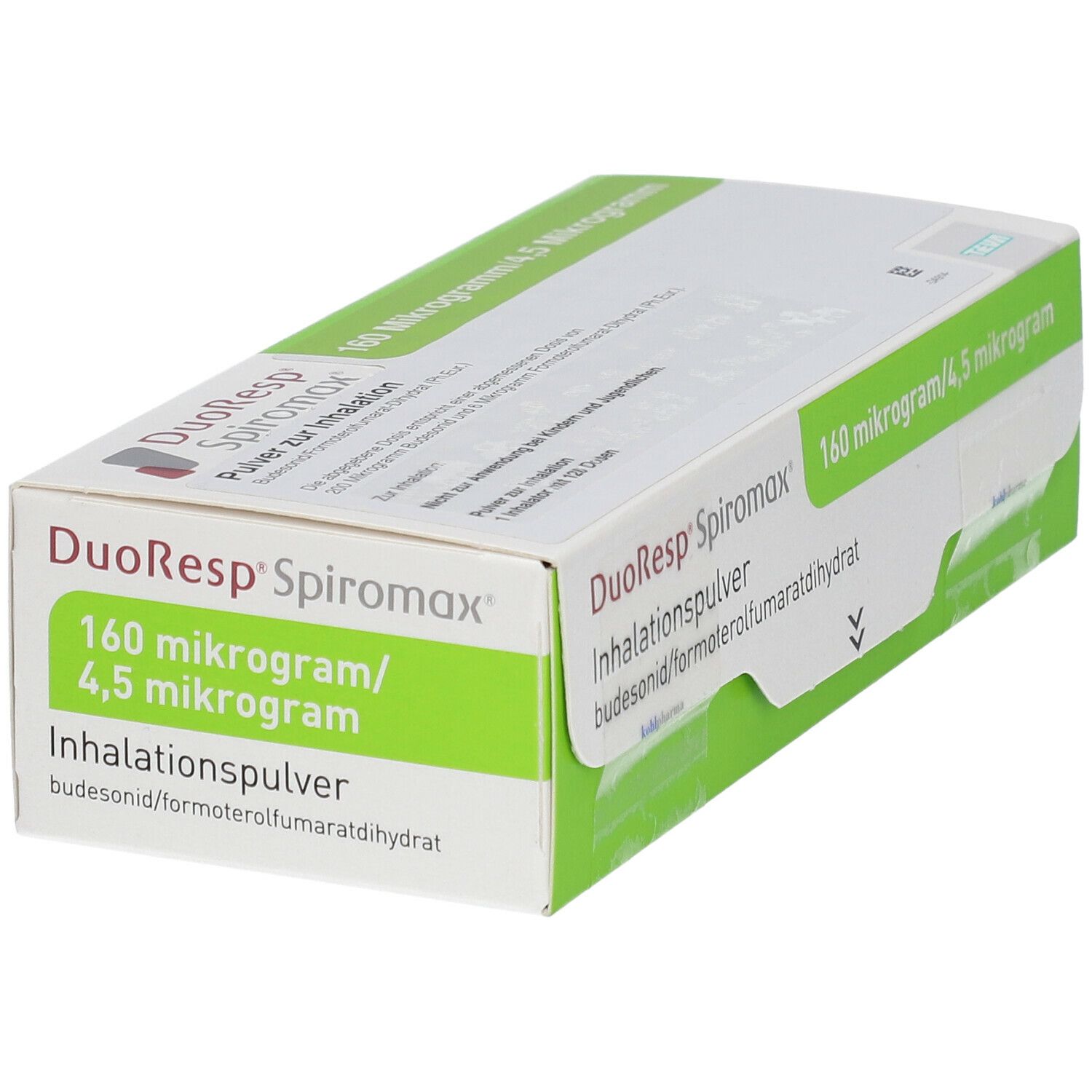 Karton von DuoResp Spiromax, Inhalationspulver. Grün-weiße Verpackung mit Produktnamen und Dosierungsangaben.