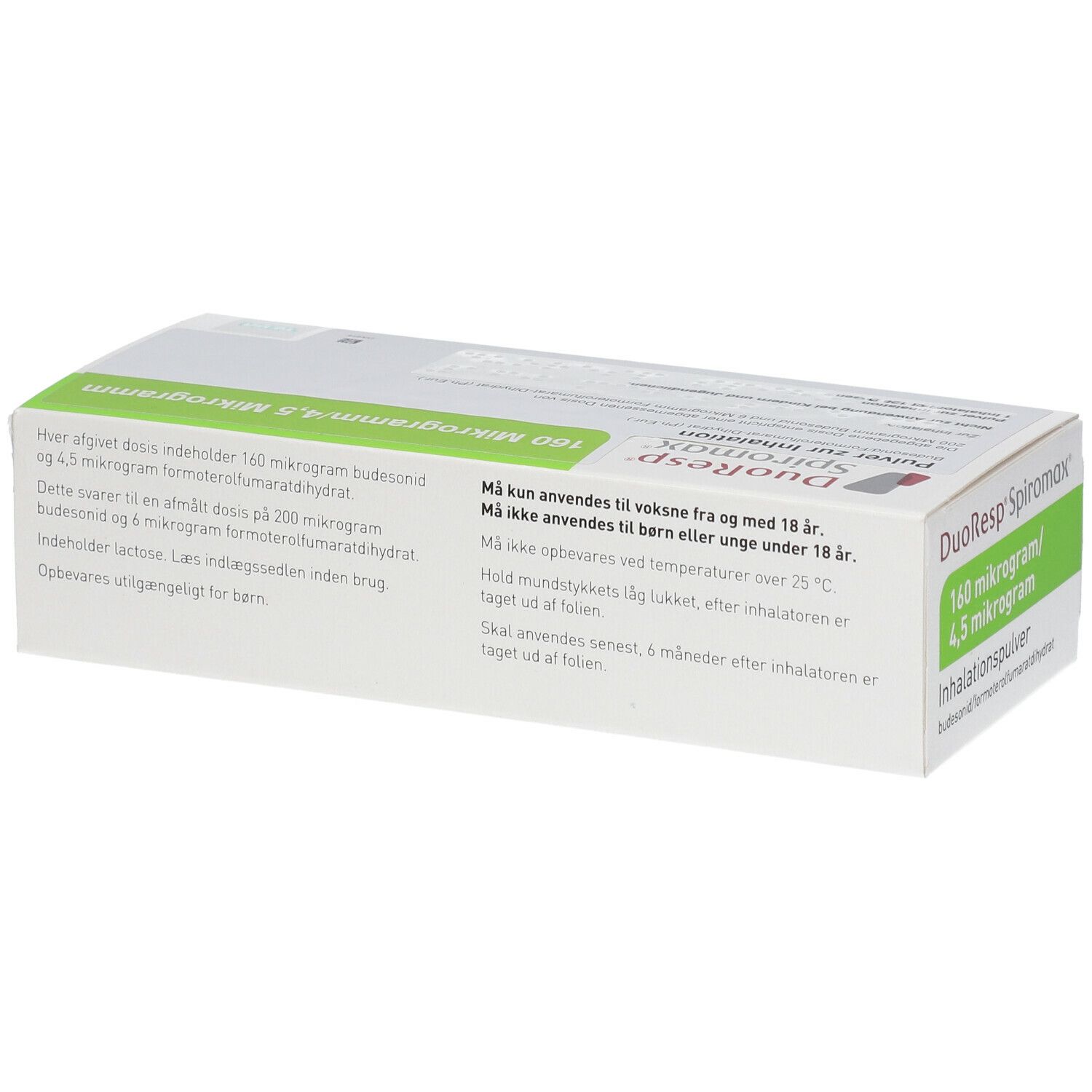 Karton von DuoResp Spiromax, Inhalationspulver. Text auf der Verpackung, grün-weißes Design.