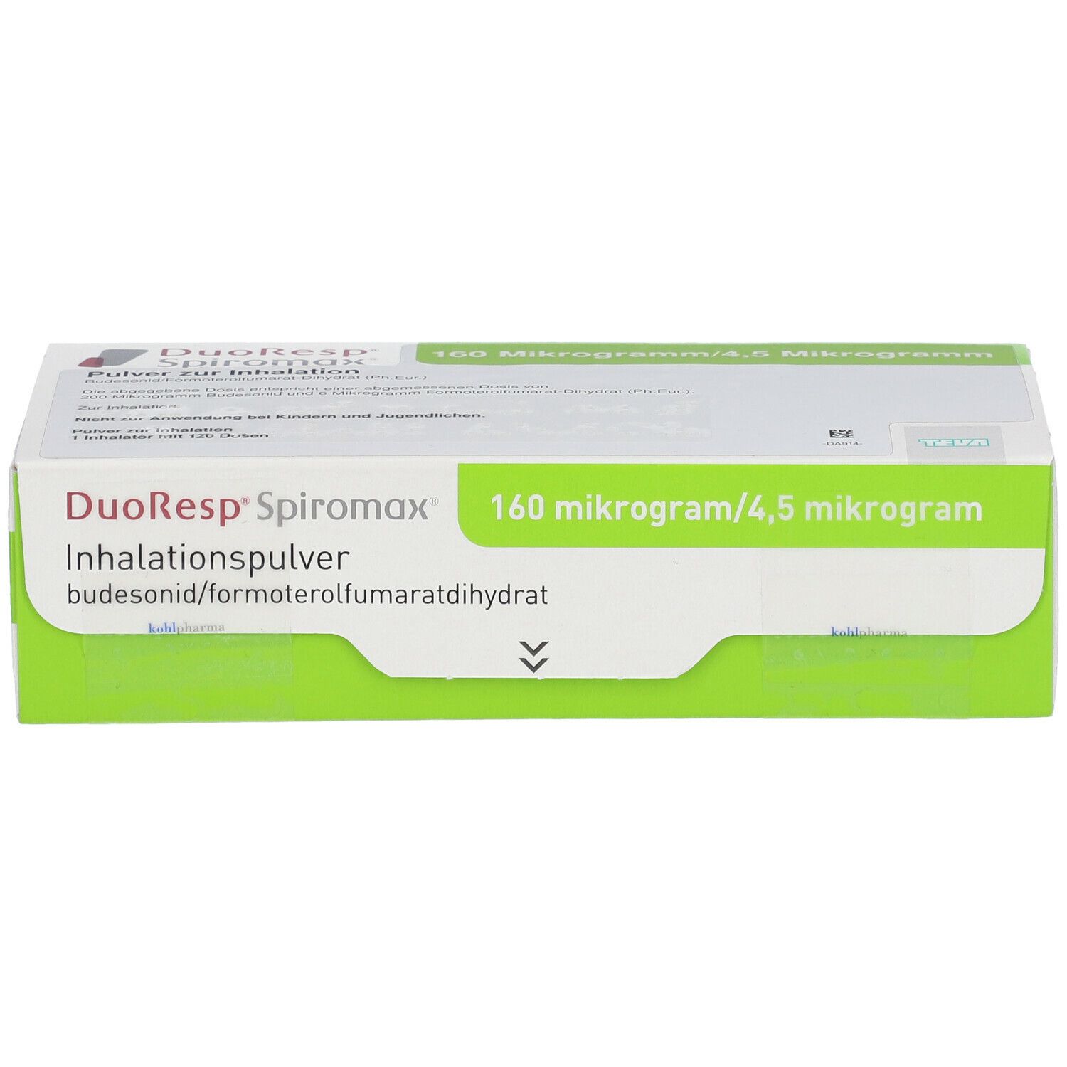 Karton von DuoResp Spiromax, Inhalationspulver. Grün-weiße Verpackung mit Produktnamen und Dosierungsangaben.