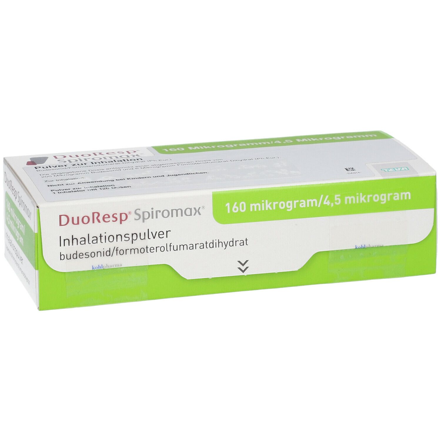 Karton von DuoResp Spiromax, Inhalationspulver. Grün-weiße Verpackung mit Produktnamen und Dosierungsangaben.
