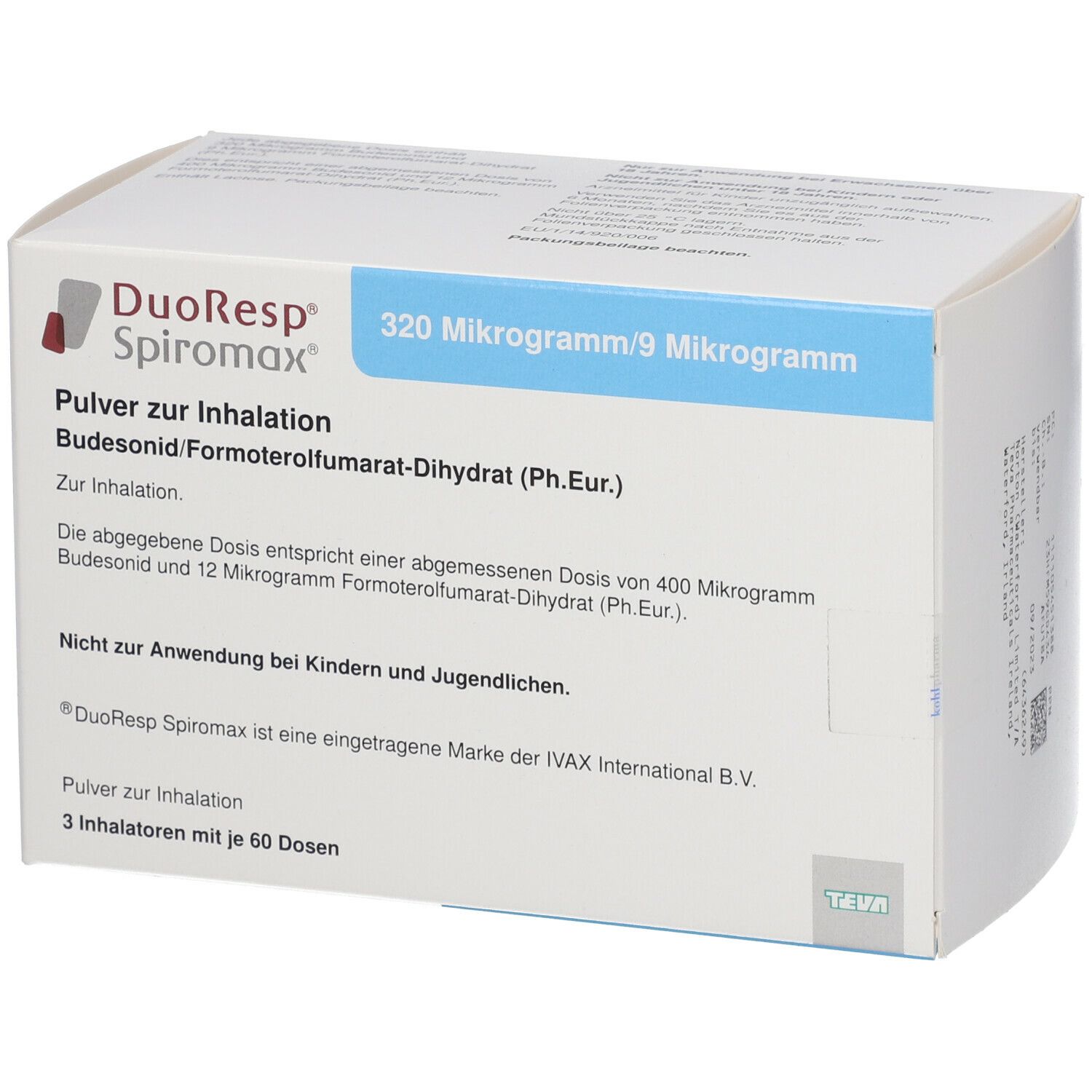 Weißer Karton mit blauer Schrift. Aufschrift: DuoResp Spiromax, 320 Mikrogramm/9 Mikrogramm. Enthält 3 Inhalatoren mit 60 Dosen.
