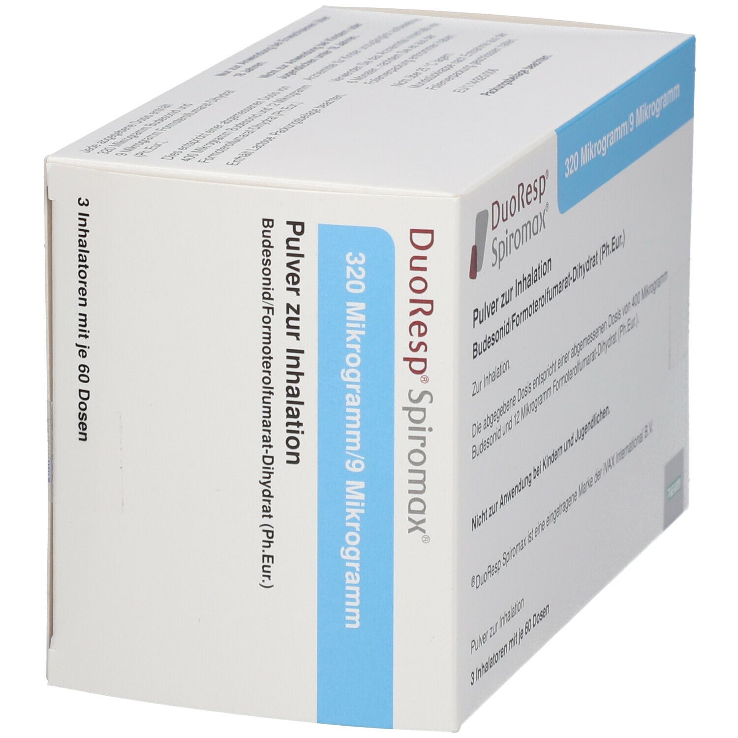 Weißer Karton, DuoResp Spiromax, 320 Mikrogramm/9 Mikrogramm. Enthält 3 Inhalatoren mit 60 Dosen. Blaue Schrift.