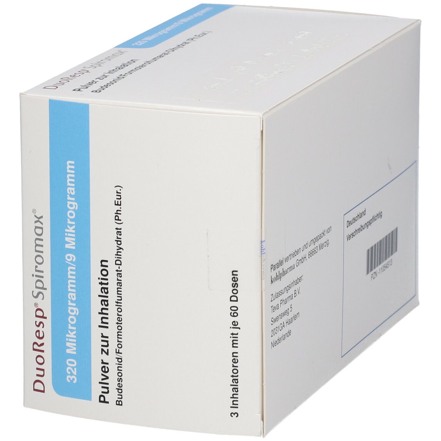 Weißer Karton, DuoResp Spiromax, 320 Mikrogramm/9 Mikrogramm. Enthält 3 Inhalatoren mit 60 Dosen. Blaue Schrift.