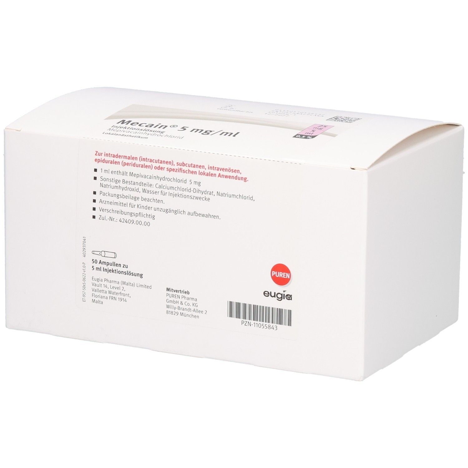 Packung mit 50 Ampullen Mecain 5 mg/ml, jede 5 ml.