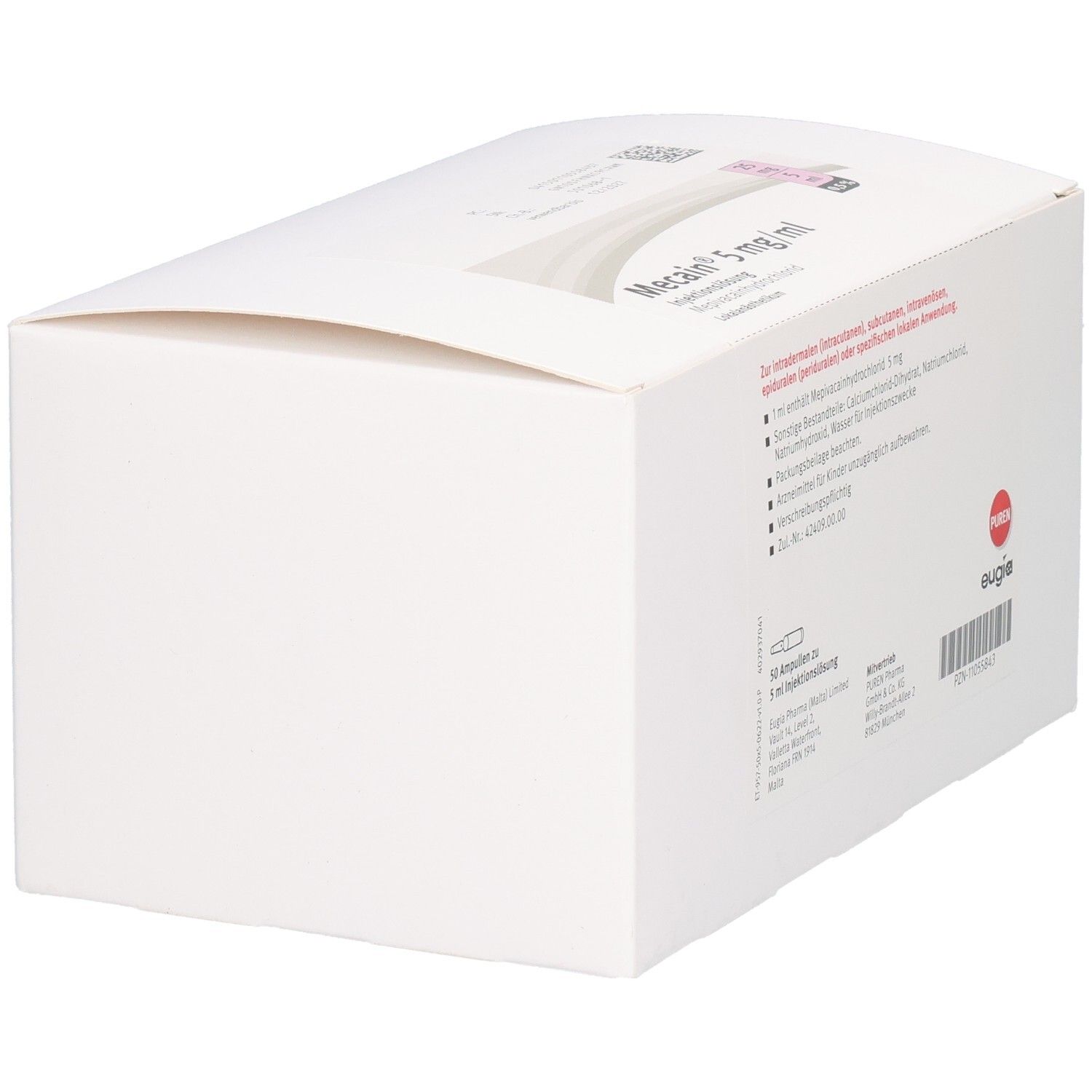 Verpackung mit "Mecanil 5 mg/ml" Aufschrift, enthält 10 Ampullen.