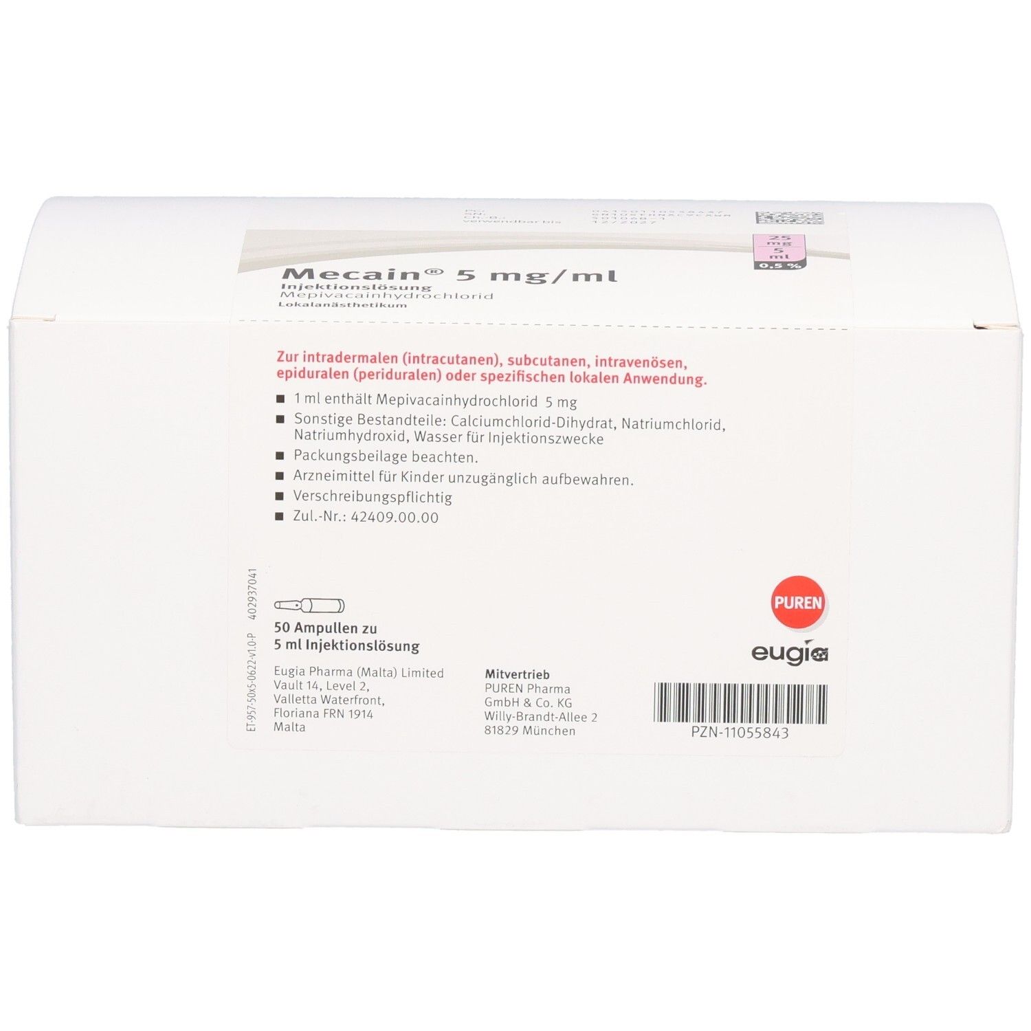 Packung mit 50 Ampullen Mecain 5 mg/ml Injektionslösung.