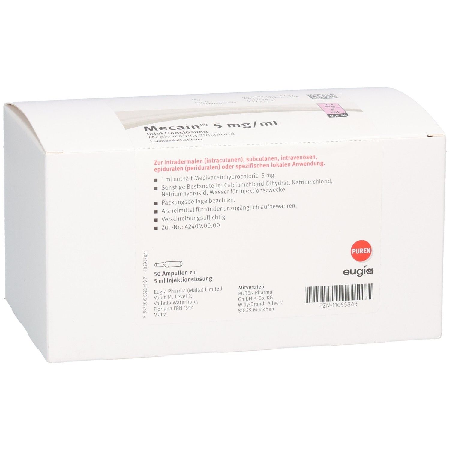 Packung mit 50 Ampullen Mecain 5 mg/ml Injektionslösung.