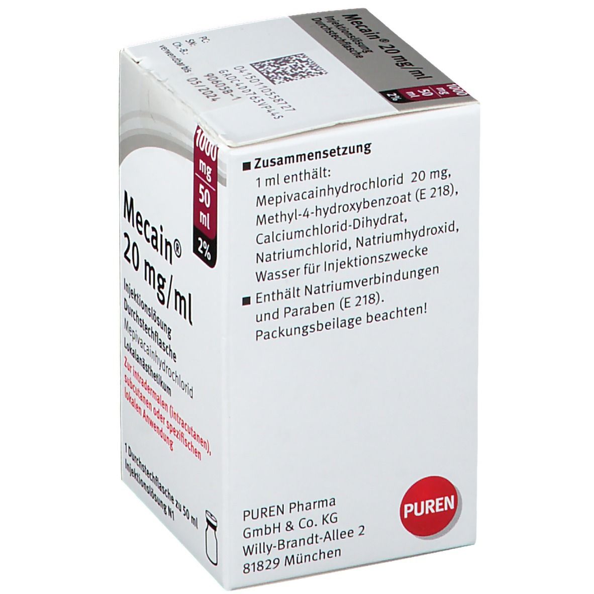 Mecain 2% 20 mg/ml Inj.L.1000mg/50ml Dsfl. 10x50 ml Injektionslösung