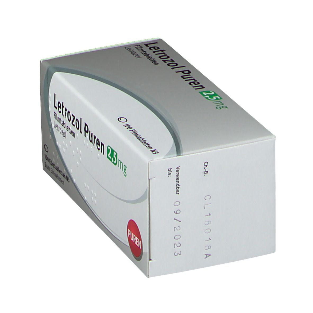 Letrozol PUREN 2,5 mg Packung. Graue Schachtel. PUREN Logo. Verfallsdatum 09/2023. Chargennummer.