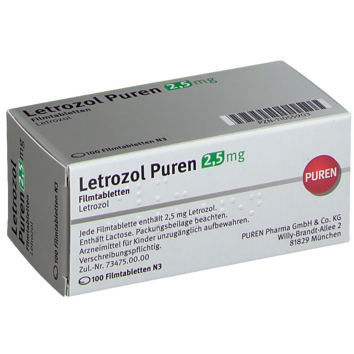 Letrozol PUREN 2,5 mg Packung. Graue Schachtel mit Text. PUREN Logo. 100 Filmtabletten N3. Herstellerinformationen.