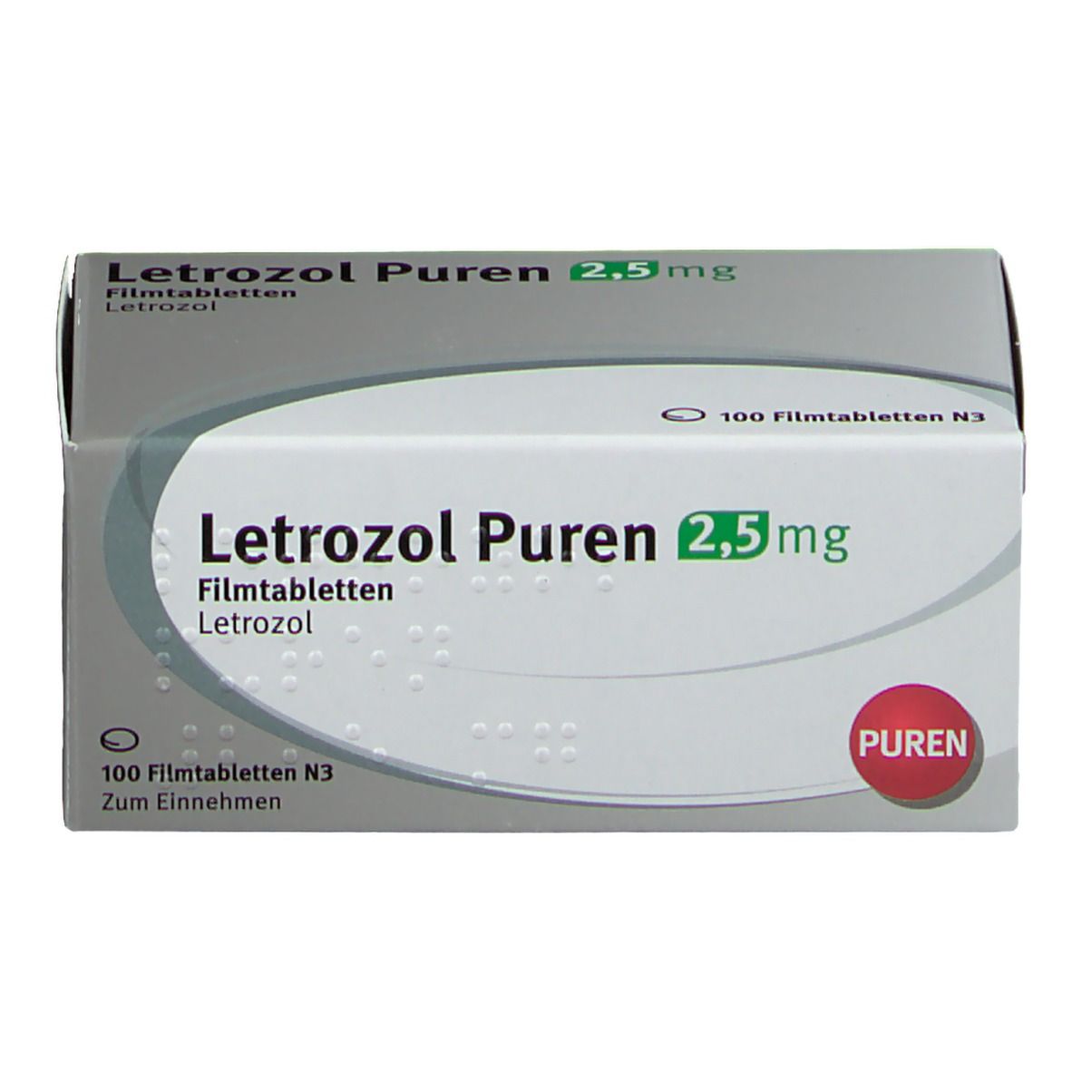 Letrozol PUREN 2,5 mg Packung. Graue Schachtel mit weißer Schrift. PUREN Logo. 100 Filmtabletten N3.