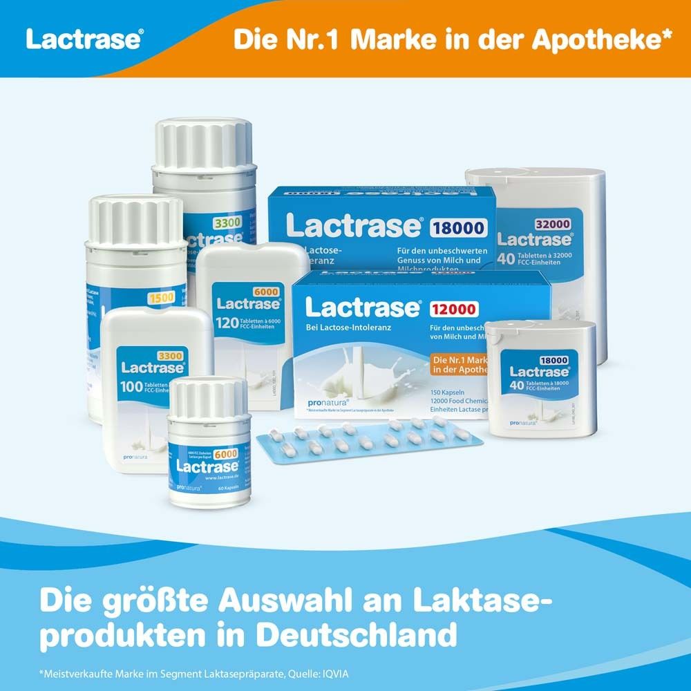 Verschiedene Lactrase Produkte. Text: Die größte Auswahl an Laktaseprodukten in Deutschland. Lactrase Logo.