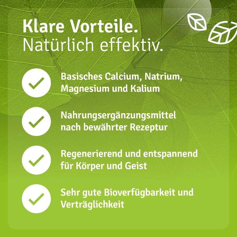 Produkt mit Text: Basisches Calcium, Natrium, Magnesium und Kalium. Nahrungsergänzungsmittel nach bewährter Rezeptur.