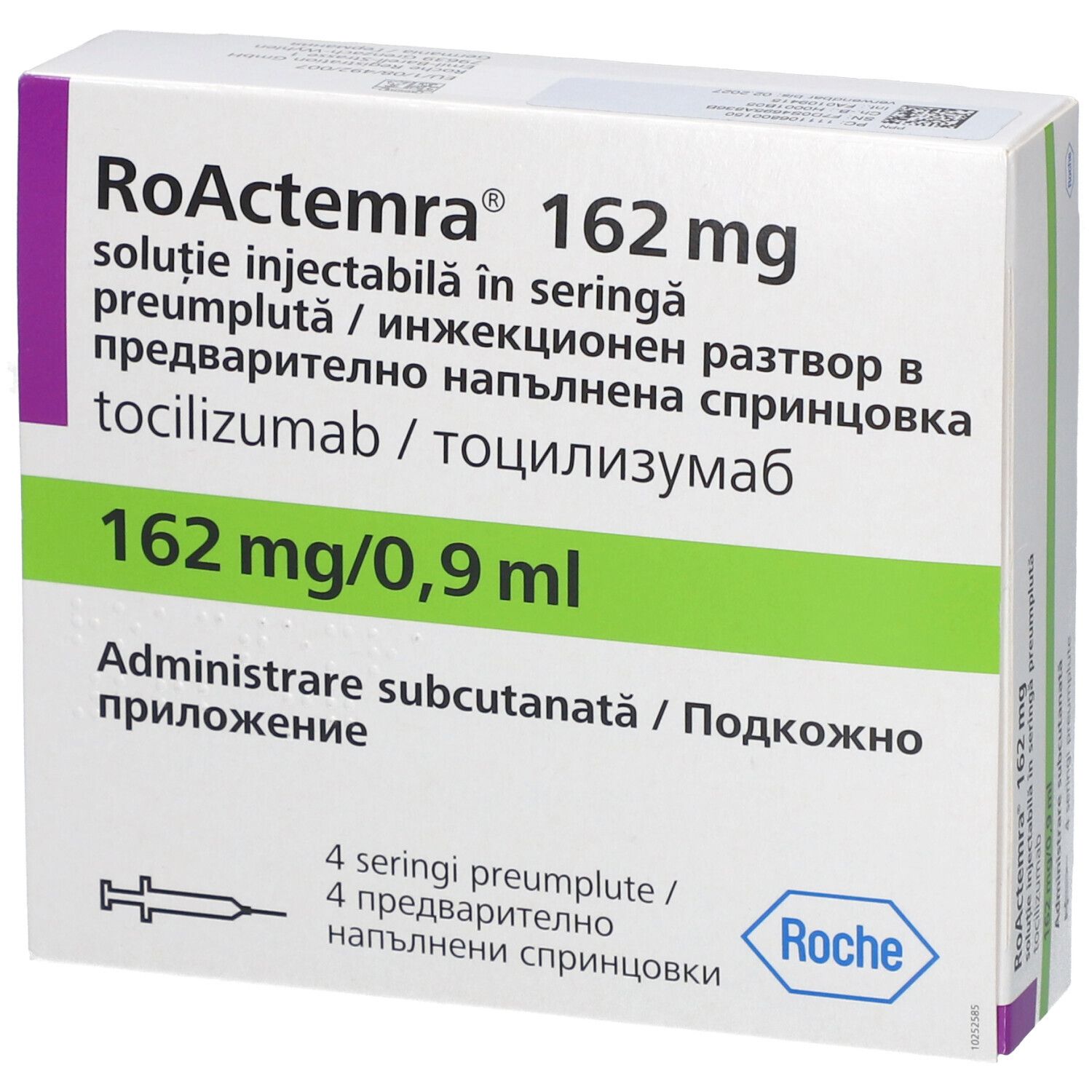 Verpackung von RoActemra 162 mg. Enthält 4 Fertigspritzen. Grüne und weiße Box mit Produktinformationen und Roche-Logo.