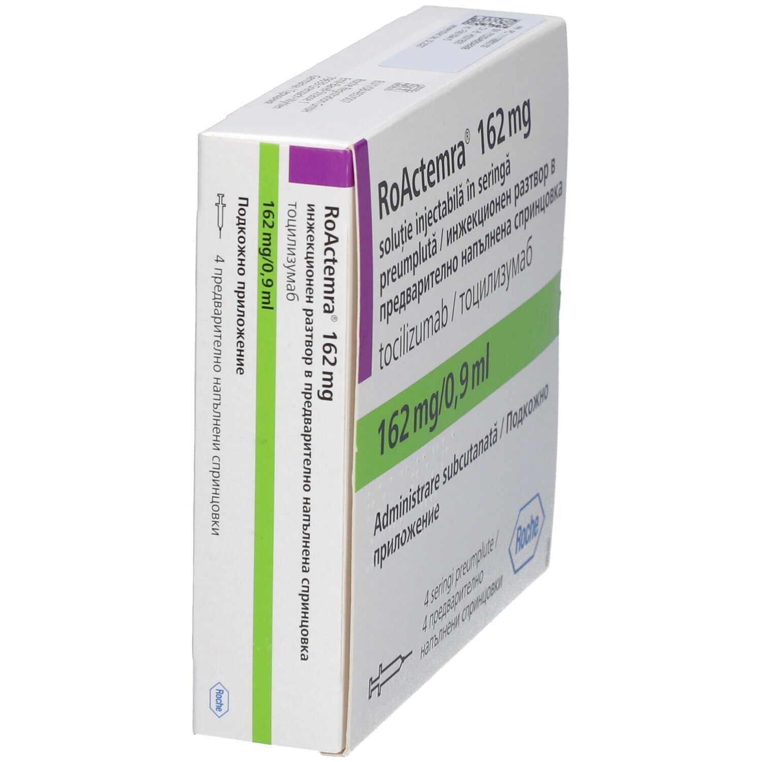 Schrägansicht der RoActemra 162 mg Verpackung. Weiße Box mit grünen Akzenten und Produktinformationen. Roche-Logo.
