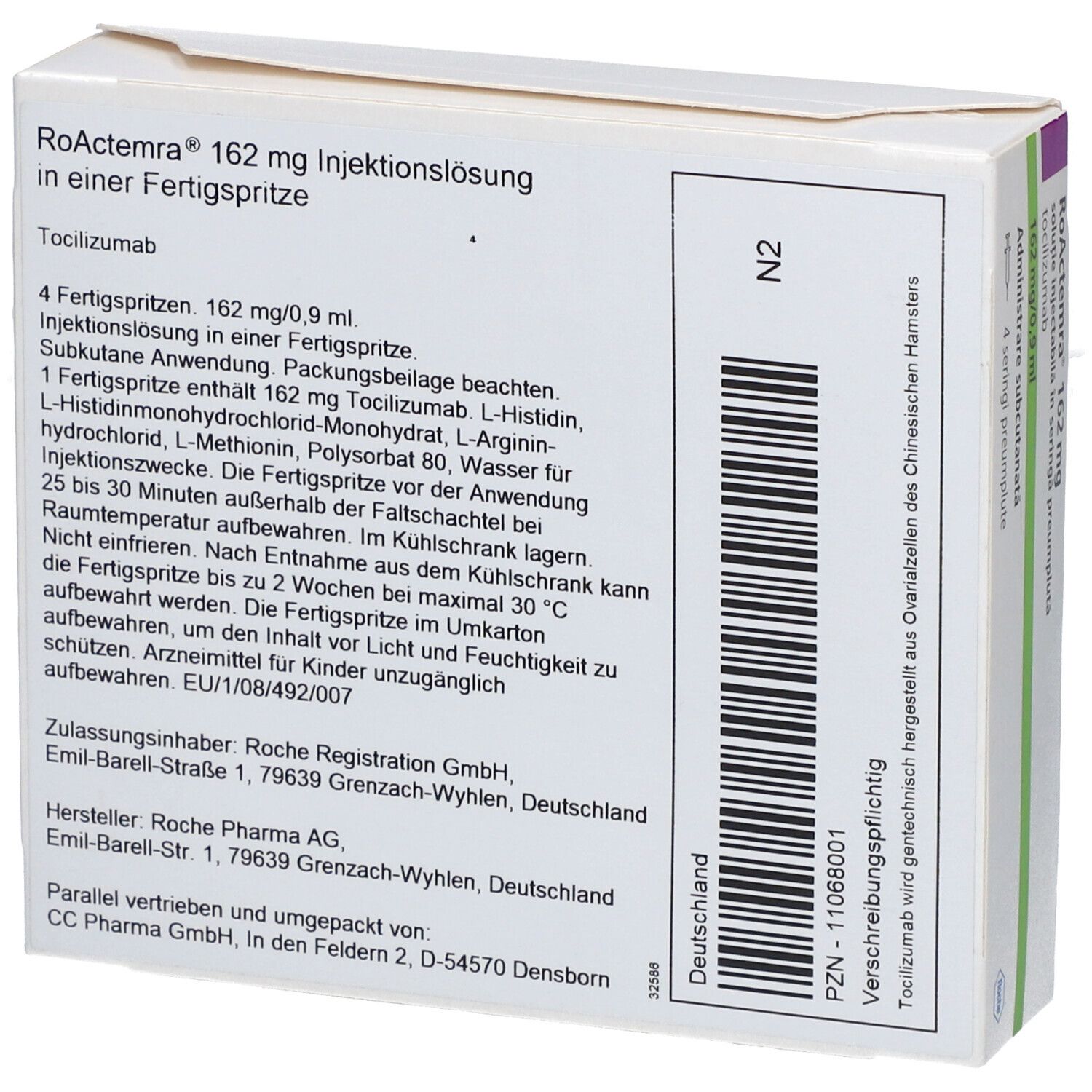 Rückseite der RoActemra 162 mg Verpackung. Enthält Informationen in deutscher Sprache. Roche-Logo und Zulassungsinformationen.