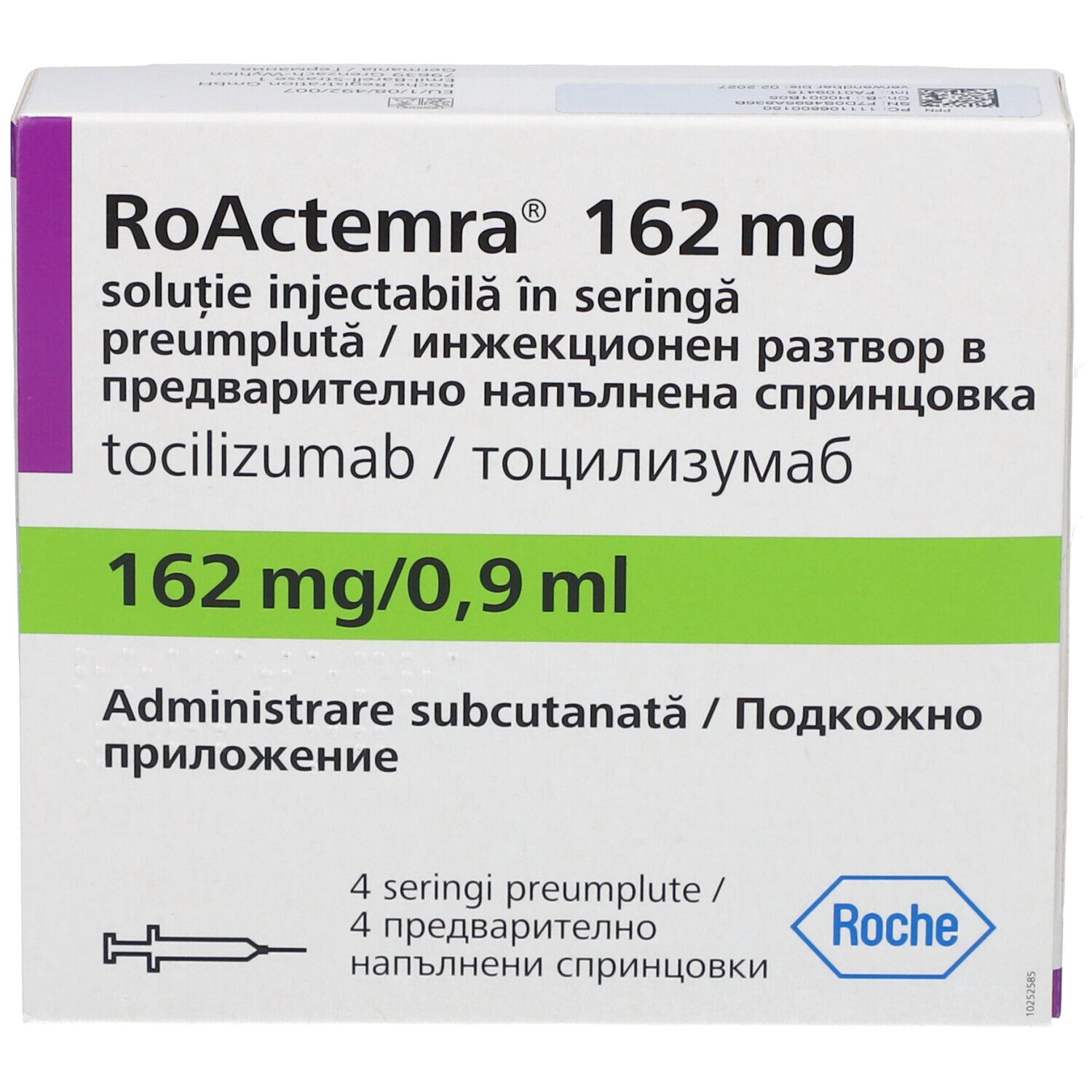 RoActemra 162 mg Verpackung. Weiße Box mit grünen Akzenten. Enthält 4 Fertigspritzen. Roche-Logo.