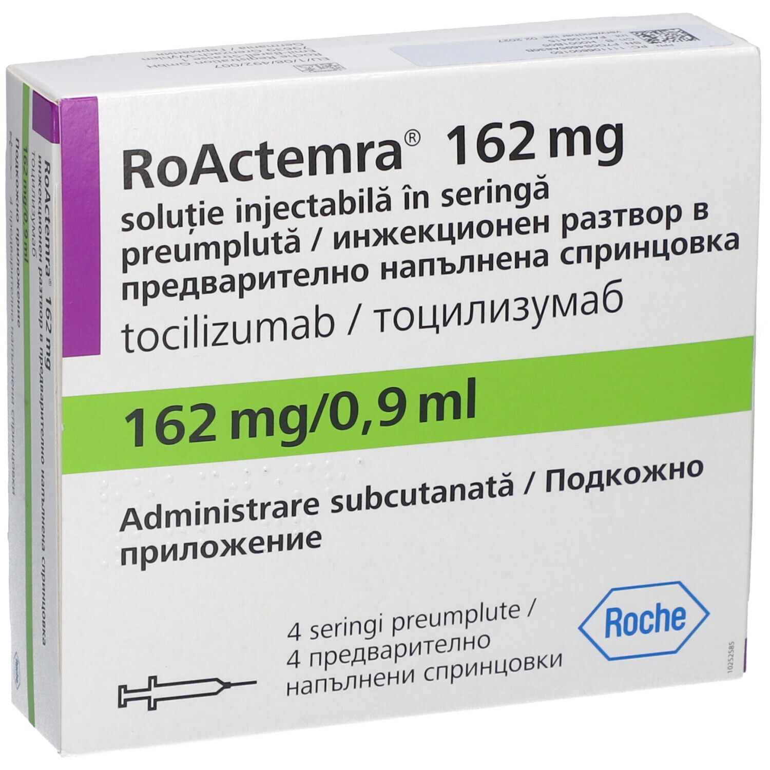 RoActemra 162 mg Verpackung. Weiße Box mit grünen Akzenten. Enthält 4 Fertigspritzen. Roche-Logo.