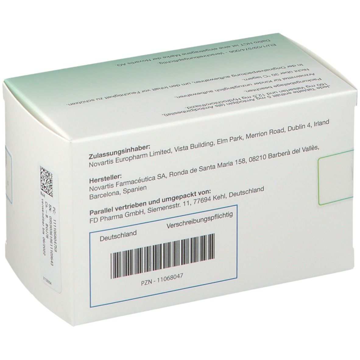 Rückseite der Dafiro HCT-Schachtel. Text: Zulassungsinhaber, Hersteller, parallel vertrieben von. Barcode und weitere Informationen. Weiß-grün.