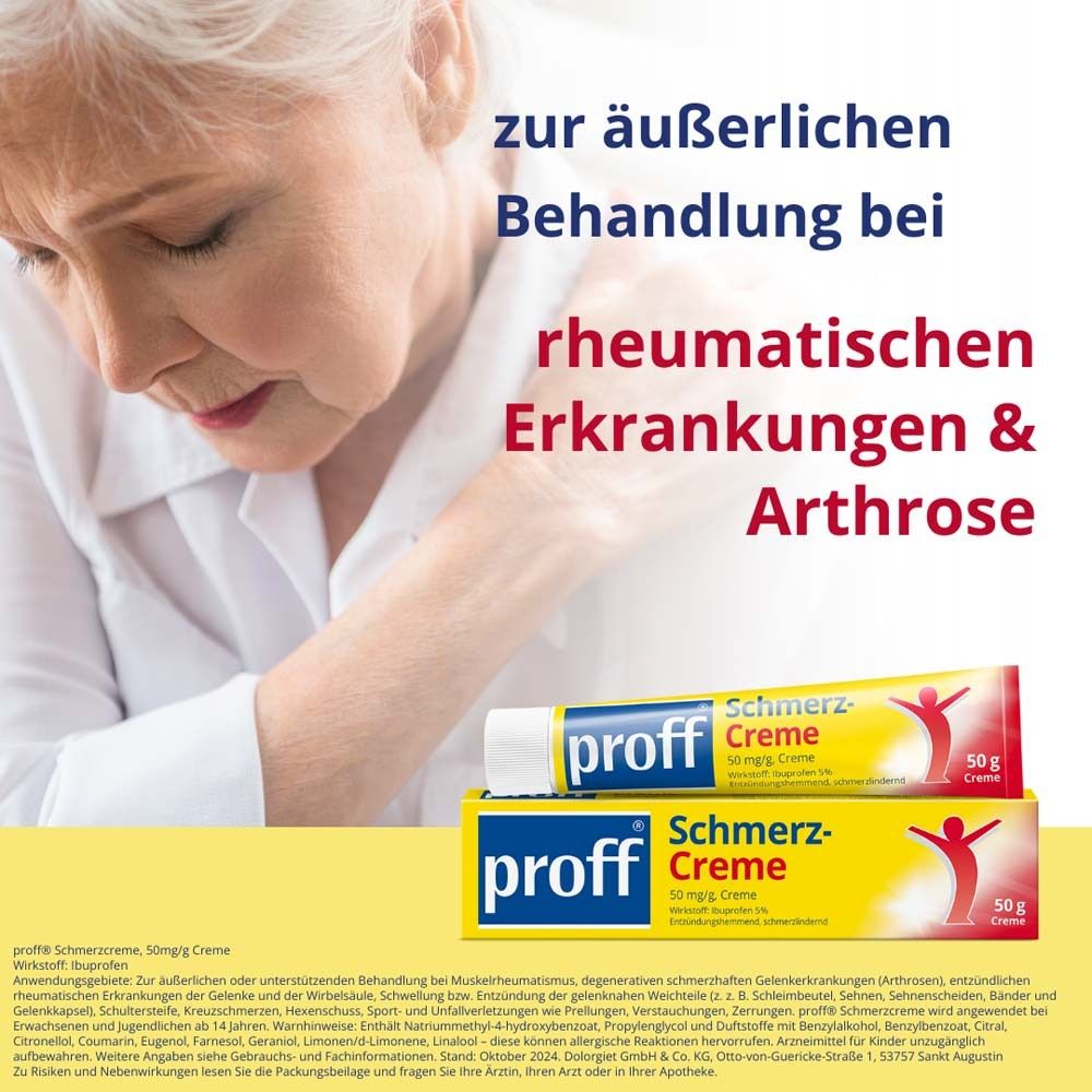 Werbung für "proff Schmerz-Creme". Frau mit Schmerzen. Tube und Schachtel. Rheuma und Arthrose.