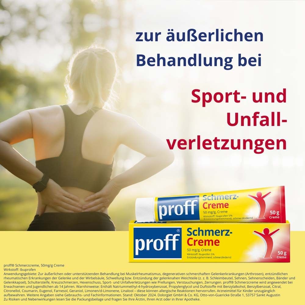 Werbung für "proff Schmerz-Creme". Frau mit Schmerzen. Tube und Schachtel. Sport- und Unfallverletzungen.