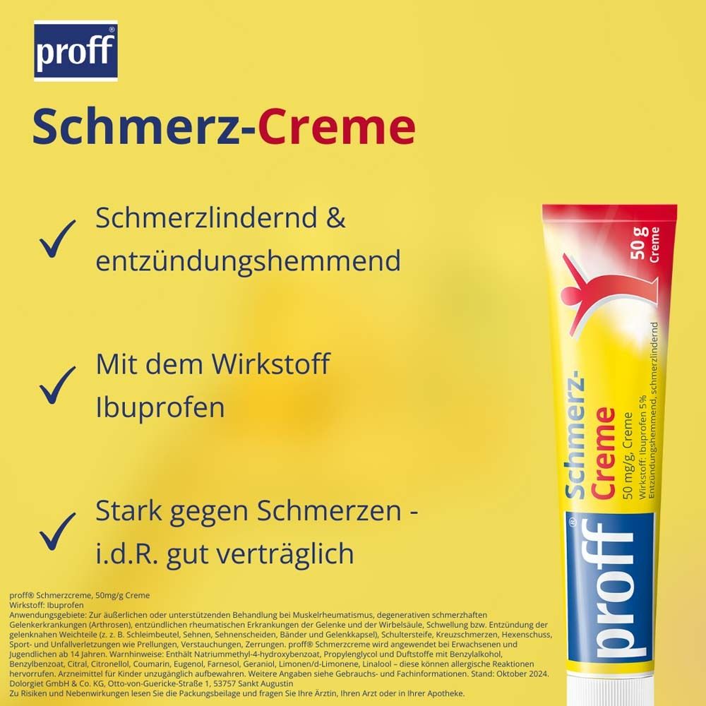 Tube "proff Schmerz-Creme". Lindert Schmerzen und Entzündungen. Mit Ibuprofen. Gut verträglich.