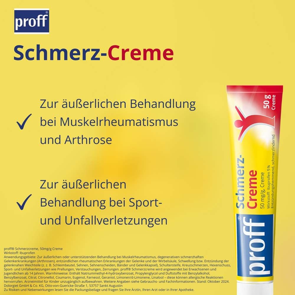 Tube "proff Schmerz-Creme". Zur äußerlichen Behandlung bei Muskelrheumatismus und Arthrose.