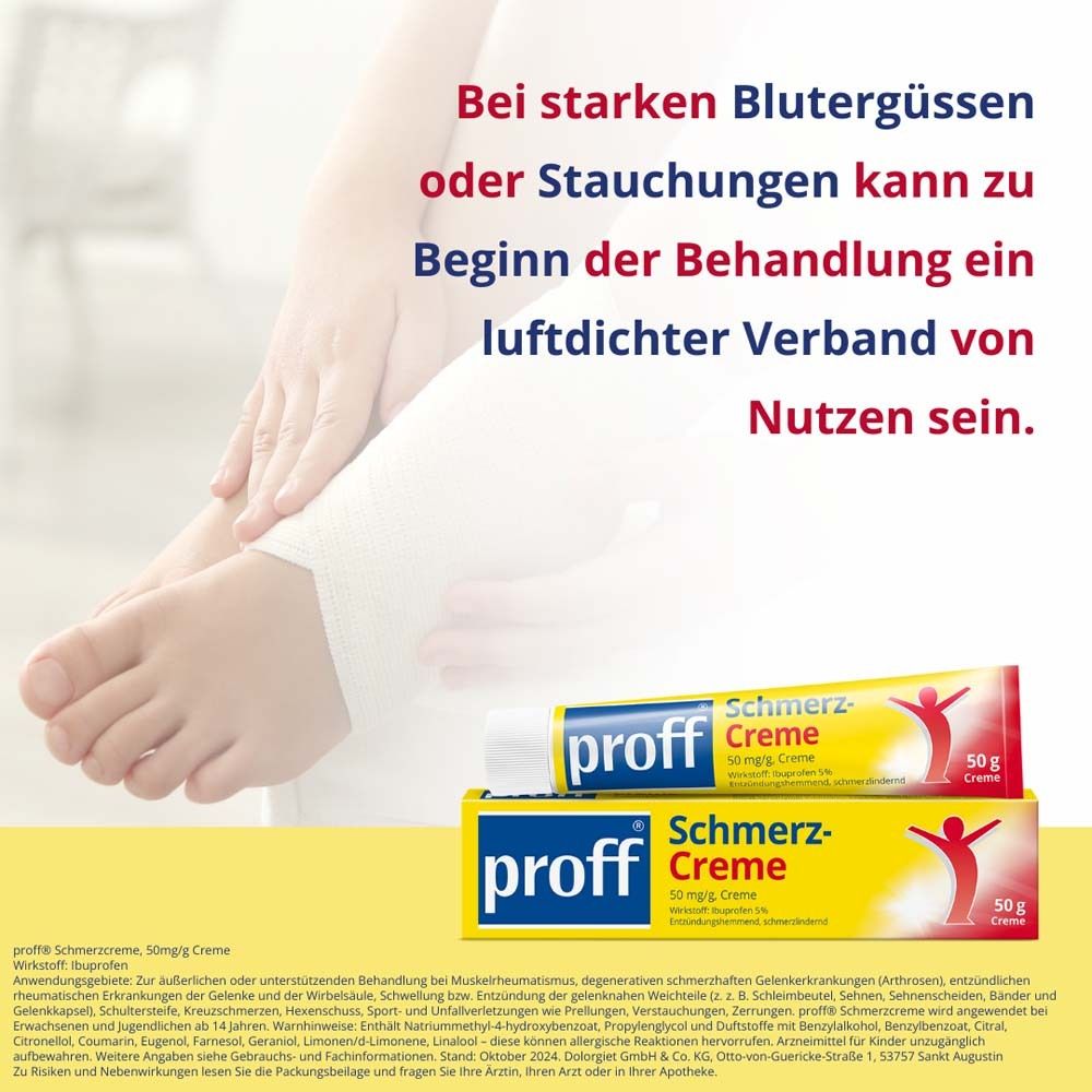 Werbung "proff Schmerz-Creme". Füße mit Verband. Tube und Schachtel. Bei Blutergüssen und Verstauchungen.
