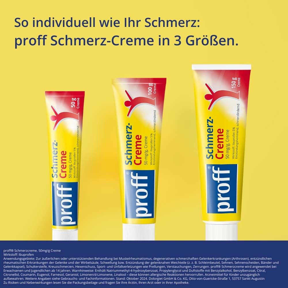 Drei Tuben "proff Schmerz-Creme" in verschiedenen Größen: 50g, 100g, 150g.