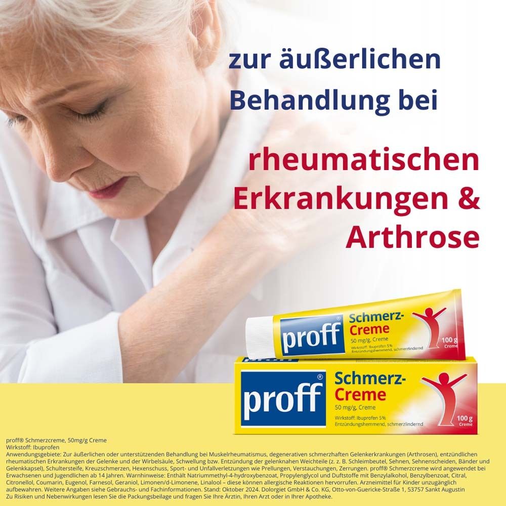 Werbung für 'proff Schmerz-Creme'. Frau mit Schmerzen. Text: 'zur äußerlichen Behandlung bei rheumatischen Erkrankungen & Arthrose'.