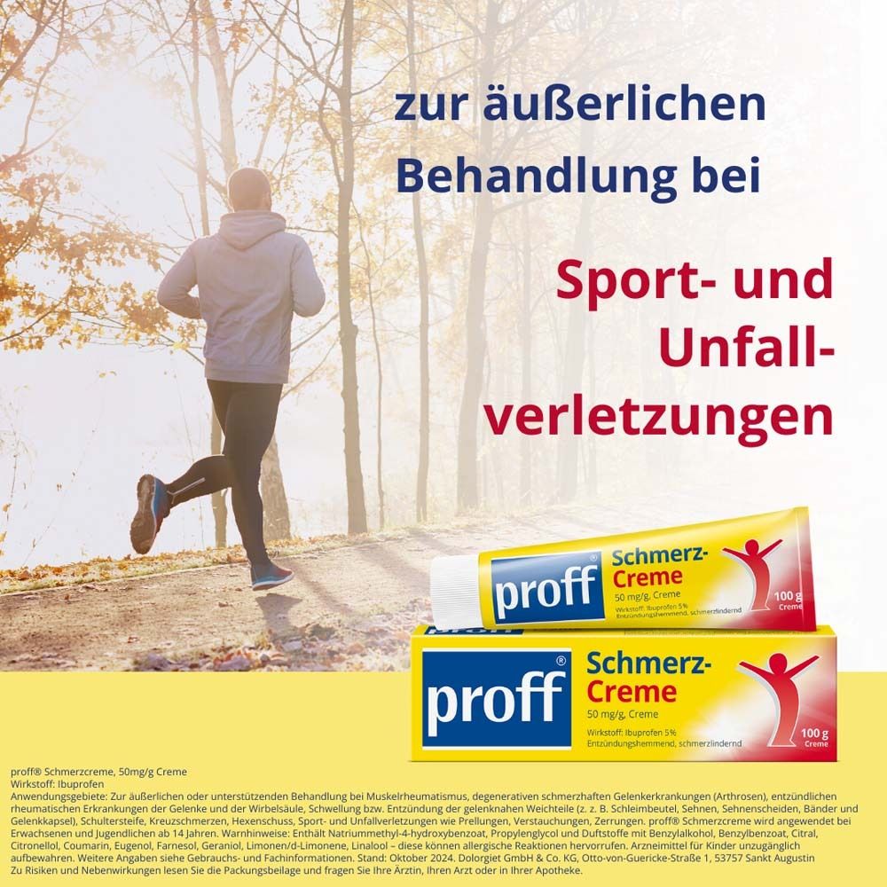 Werbung für 'proff Schmerz-Creme'. Läufer im Park. Text: 'zur äußerlichen Behandlung bei Sport- und Unfallverletzungen'.