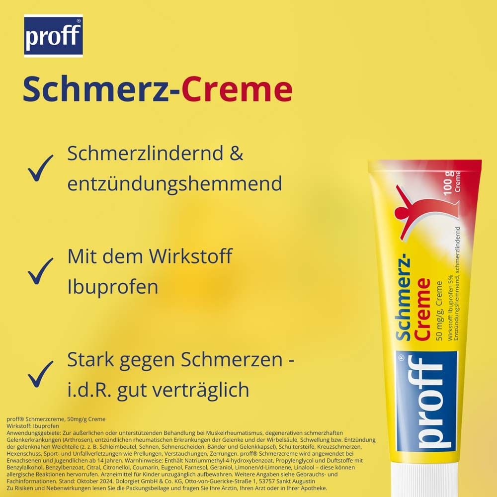 'proff Schmerz-Creme' Tube. Text: schmerzlindernd, entzündungshemmend, mit Ibuprofen. 100 g. Rotes Strichmännchen-Logo.
