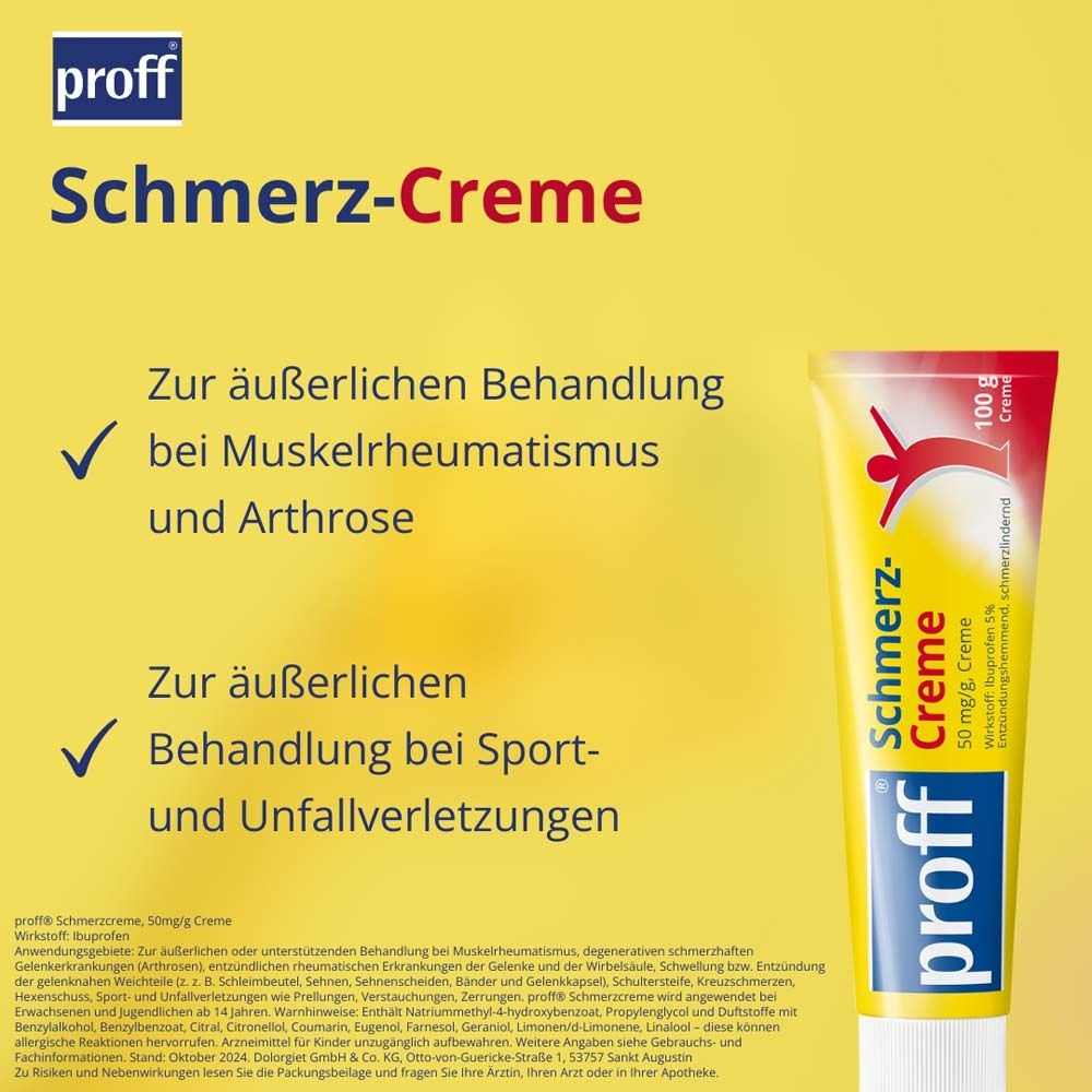 'proff Schmerz-Creme' Tube. Text: Behandlung bei Muskelrheumatismus und Arthrose, Sport- und Unfallverletzungen. 100 g.