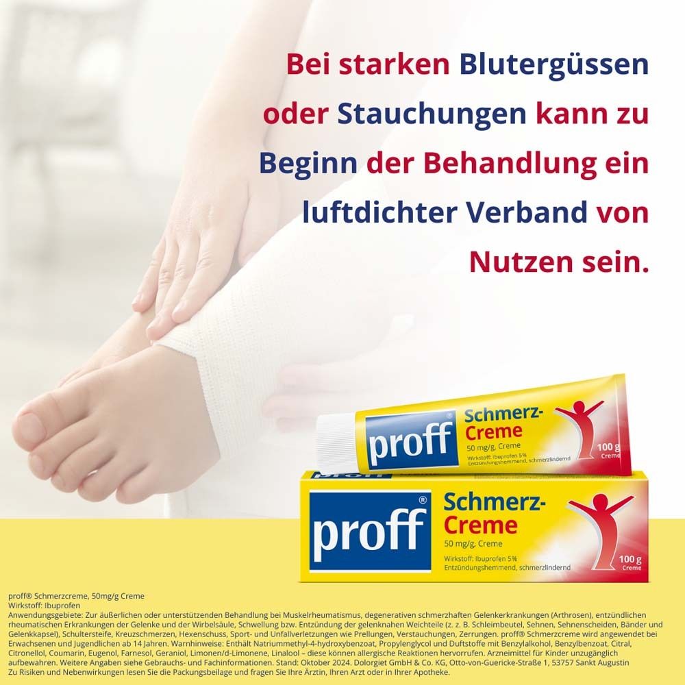 Werbung für 'proff Schmerz-Creme'. Fuß mit Verband. Text: 'Bei starken Blutergüssen oder Stauchungen...'. Tube und Schachtel.