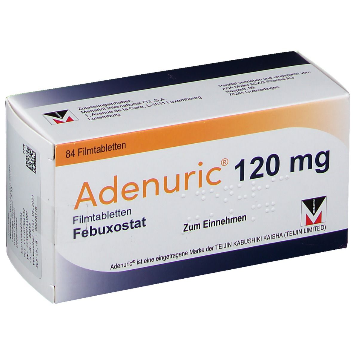 Schachtel mit ADENURIC 120 mg Filmtabletten. Aufschrift: 84 Filmtabletten, Febuxostat, Zum Einnehmen. Logo.