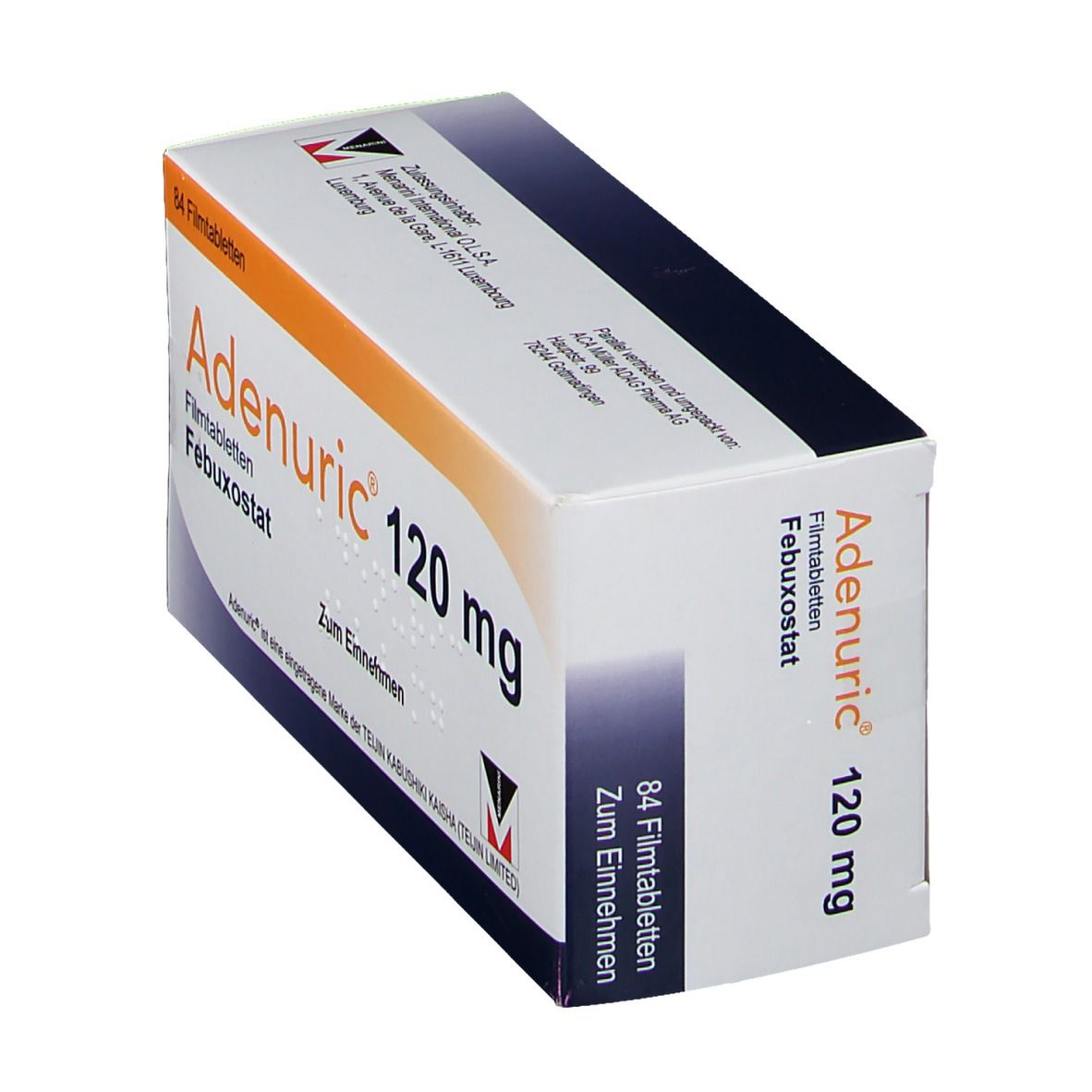 Schachtel ADENURIC 120 mg Filmtabletten. Aufschrift: 84 Filmtabletten, Febuxostat, Zum Einnehmen. Logo.