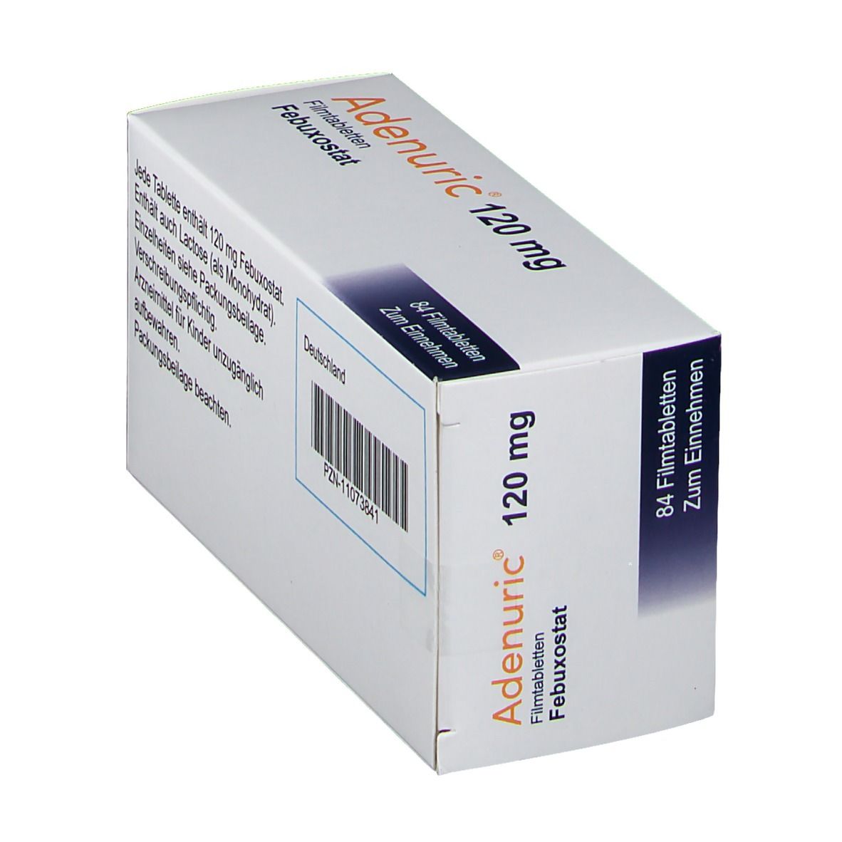 Schachtel ADENURIC 120 mg Filmtabletten. Aufschrift: 84 Filmtabletten, Febuxostat, Zum Einnehmen. Barcode.