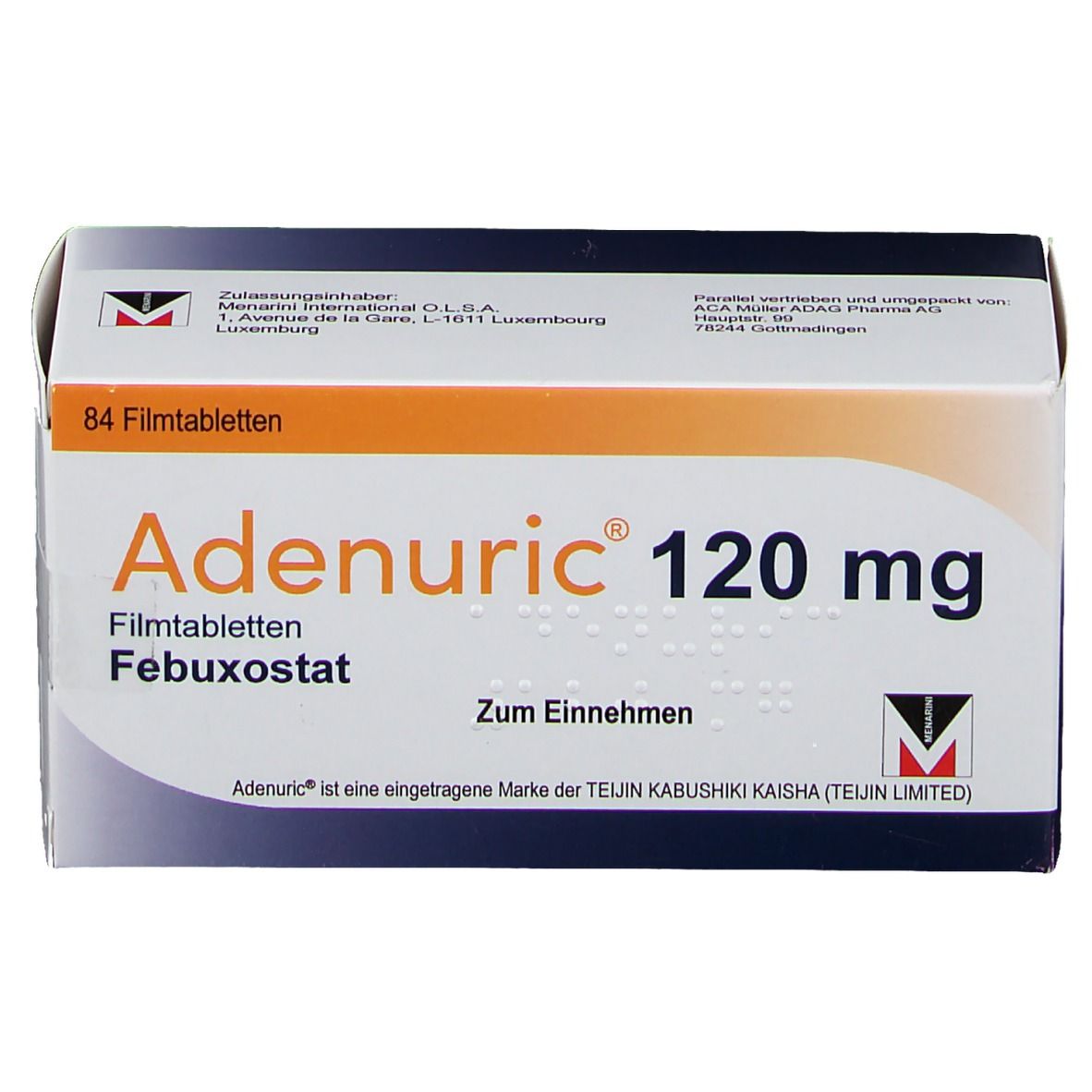 Schachtel ADENURIC 120 mg Filmtabletten. Aufschrift: 84 Filmtabletten, Febuxostat, Zum Einnehmen. Logo.
