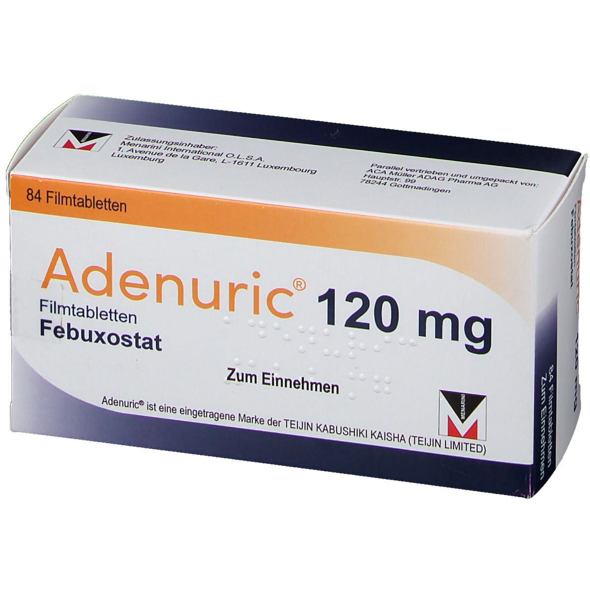 Schachtel ADENURIC 120 mg Filmtabletten. Aufschrift: 84 Filmtabletten, Febuxostat, Zum Einnehmen. Logo.