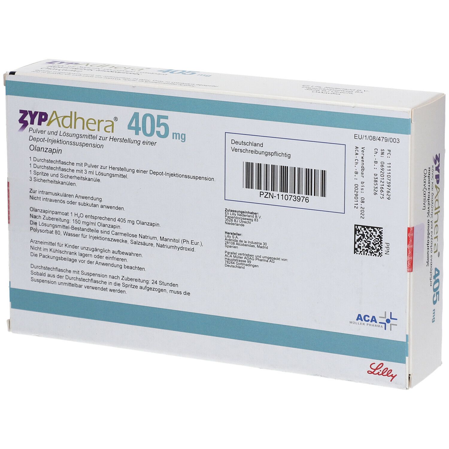Zypadhera 405 mg-Verpackung. Enthält Pulver und Lösungsmittel zur Herstellung einer Depot-Injektionssuspension. Text in Deutsch.