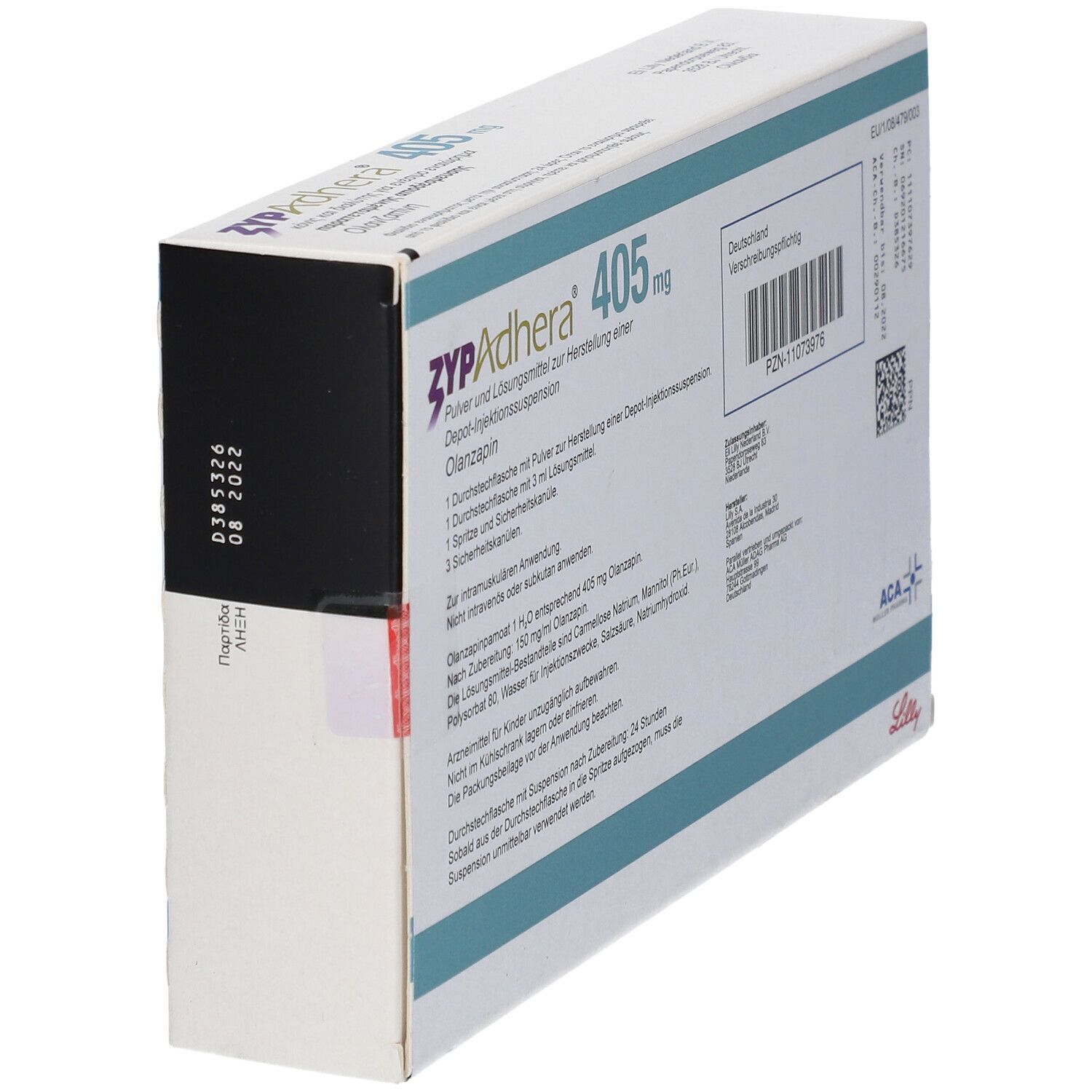 Zypadhera 405 mg-Verpackung, schräg. Enthält Pulver und Lösungsmittel zur Herstellung einer Depot-Injektionssuspension. Text in Deutsch.